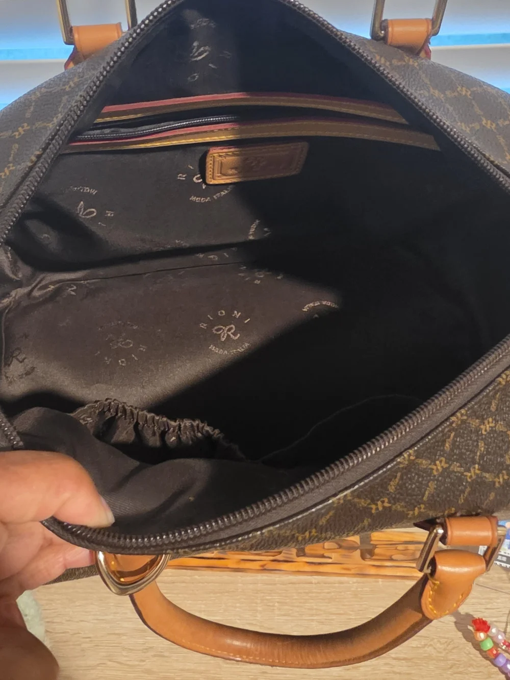 RIONI Brown Monogram Satchel Handbag with Tan Trim